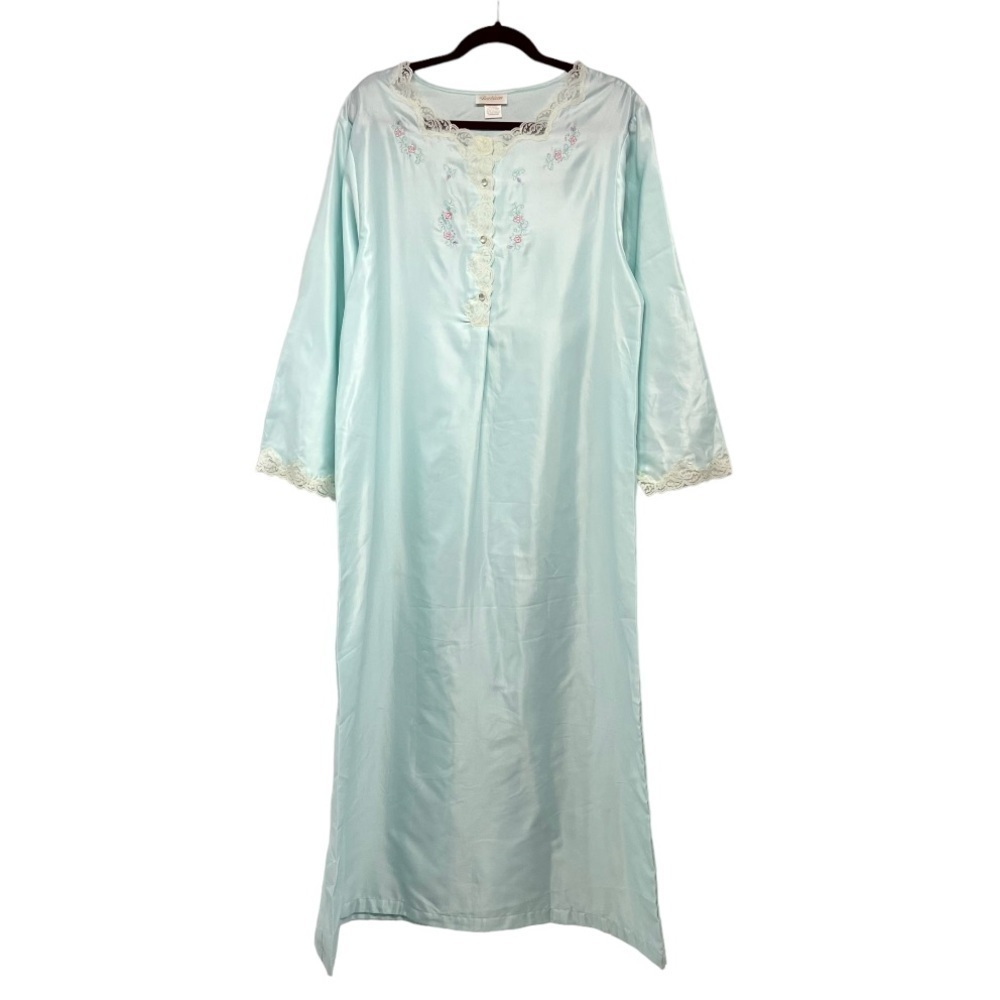 Vintage Barbizon Aqua Blue Embroidered Long Sleeve Modest Full Length Nightgown - Picture 2 of 7